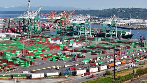 A drone shot overlooking container terminals at the Port.