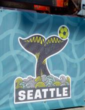An up-close photo of the FIFA World Cup 26 Seattle Host City Poster logo on a banner.